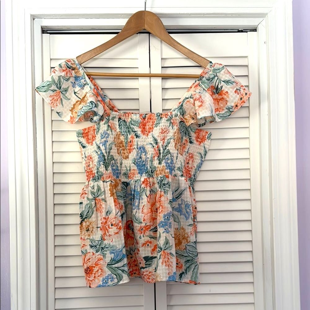 Loft Floral Smocked Off-Shoulder Top Size S
